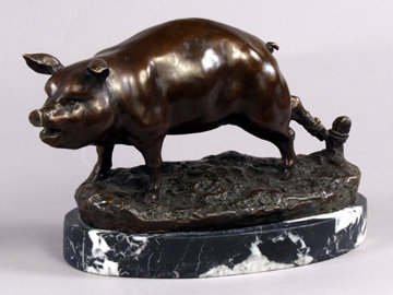 Bronze Pig Statue Marble Base