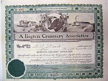 Arlington Creamery Dairy Stock Certificate