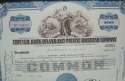 Rock Island Pacific Railroad Stock Certificate Framed