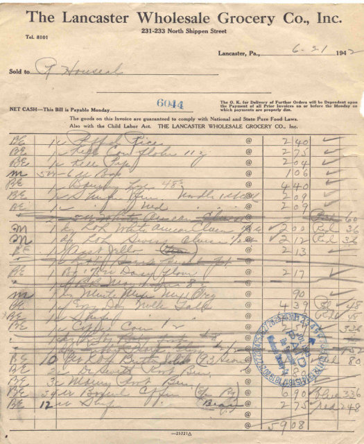Lancaster Grocery Receipt 1942