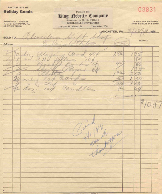 King Novelty Invoice 1948