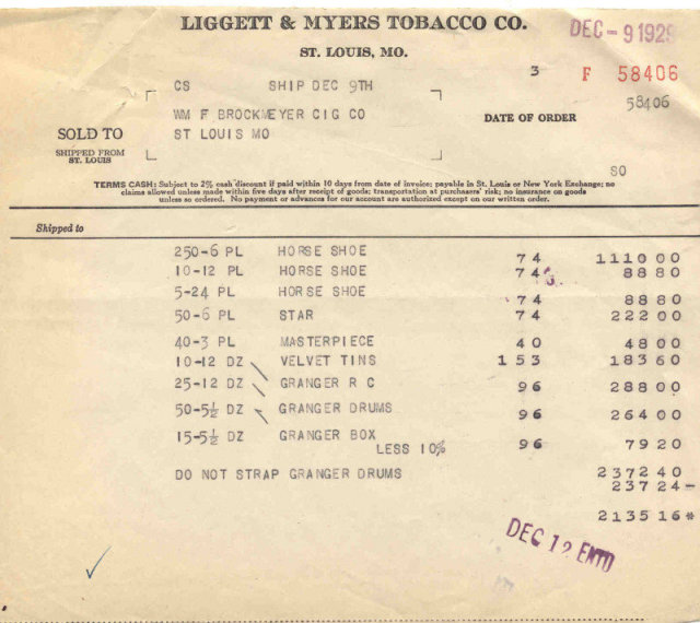 Liggett Myers Tobacco Invoice