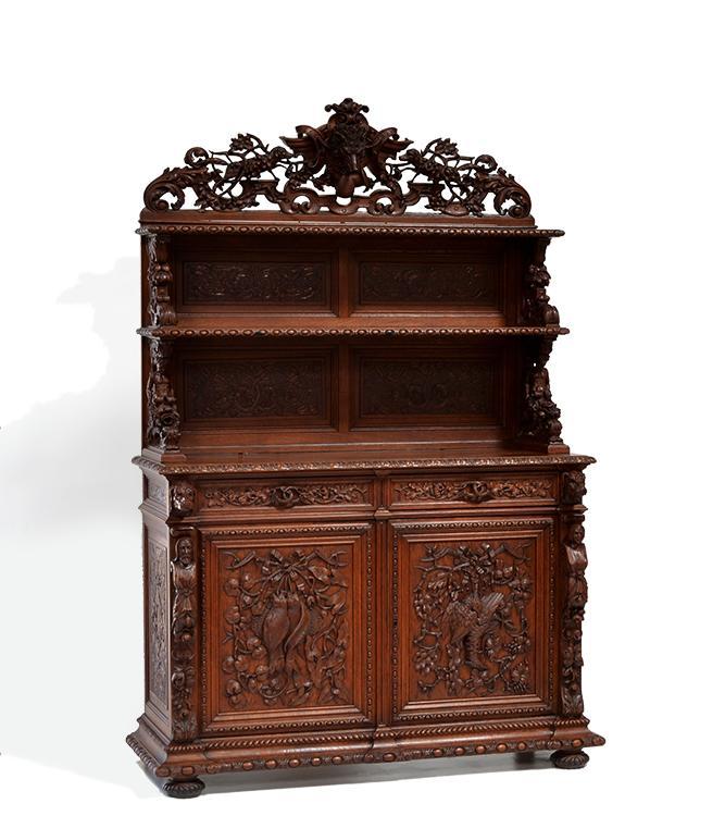 Hand Carved French Antique Hunt Sideboard Cabinet