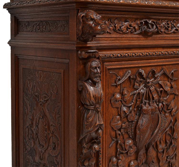 Hand Carved French Antique Hunt Sideboard Cabinet