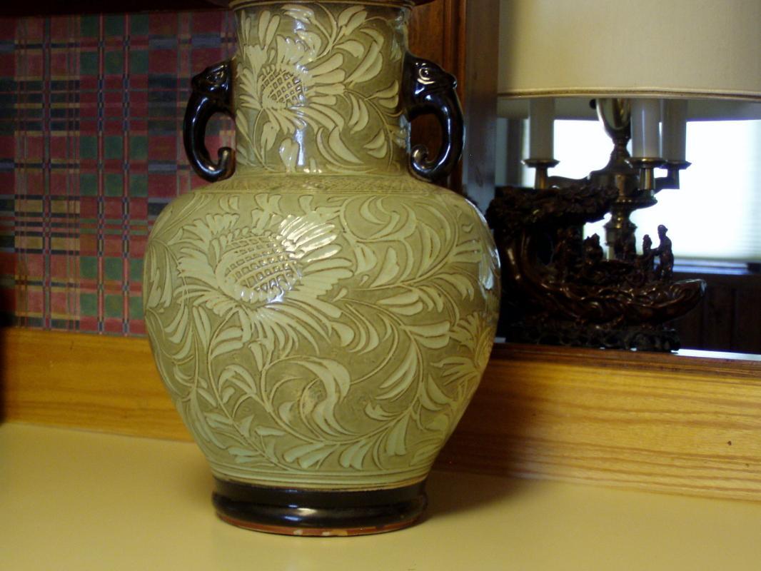 Japanese Celadon Glazed Carved Vase