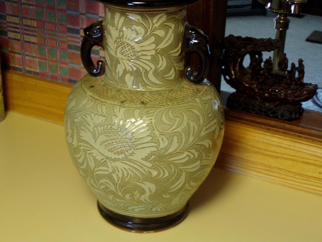 Japanese Celadon Glazed Carved Vase