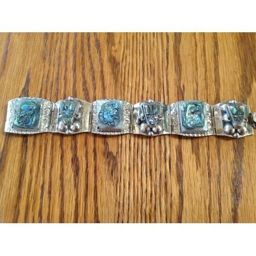 BEAUTIFUL VINTAGE STERLING SILVER AND ABALONE SHELL BRACELET
