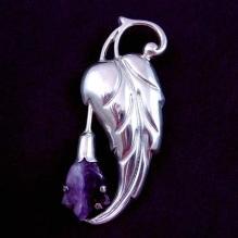 HUGE Taxco Sterling Silver Brooch 1940's Repousse Leaf and Amethyst Flower Brooch Pin