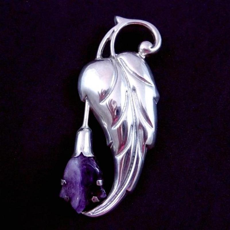 HUGE Taxco Sterling Silver Brooch 1940's Repousse Leaf and Amethyst Flower Brooch Pin