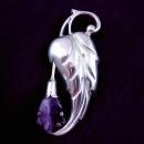 HUGE Taxco Sterling Silver Brooch 1940's Repousse Leaf and Amethyst Flower Brooch Pin