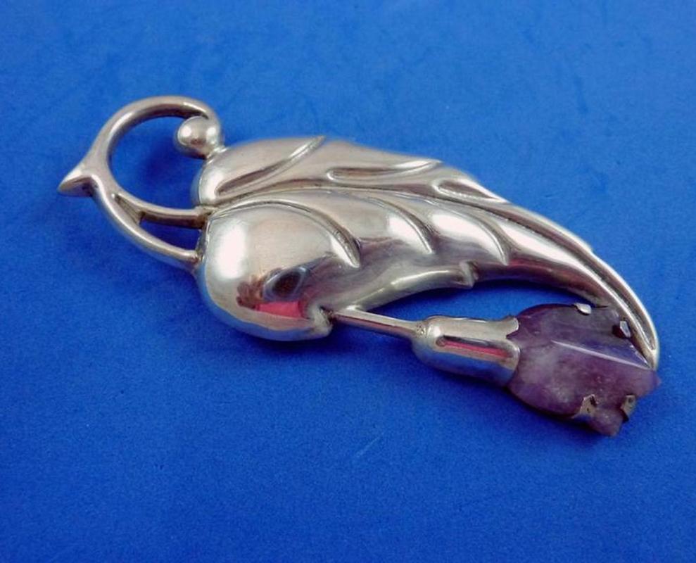 HUGE Taxco Sterling Silver Brooch 1940's Repousse Leaf and Amethyst Flower Brooch Pin