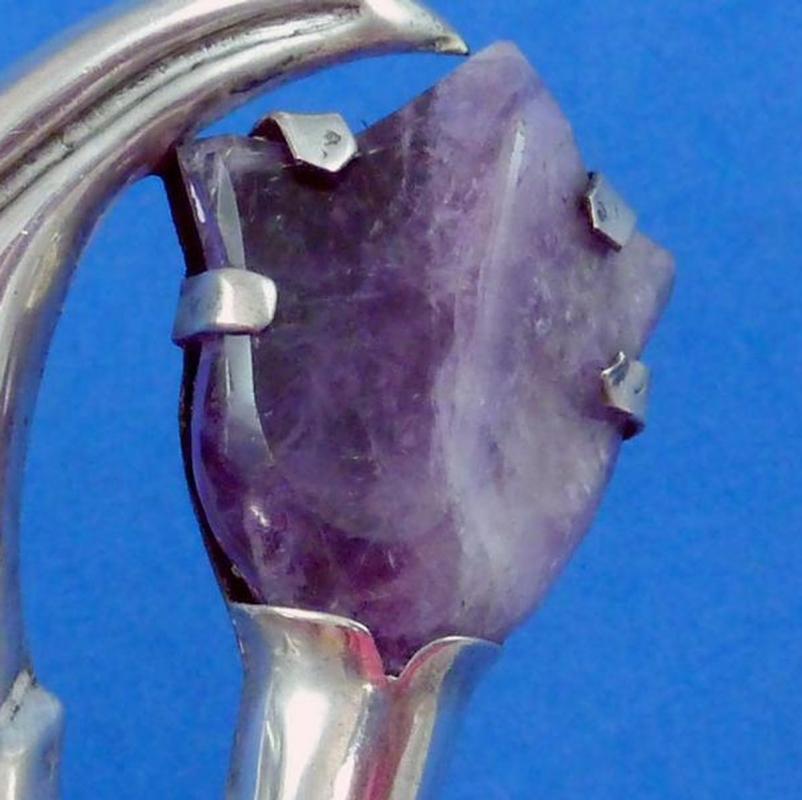 HUGE Taxco Sterling Silver Brooch 1940's Repousse Leaf and Amethyst Flower Brooch Pin