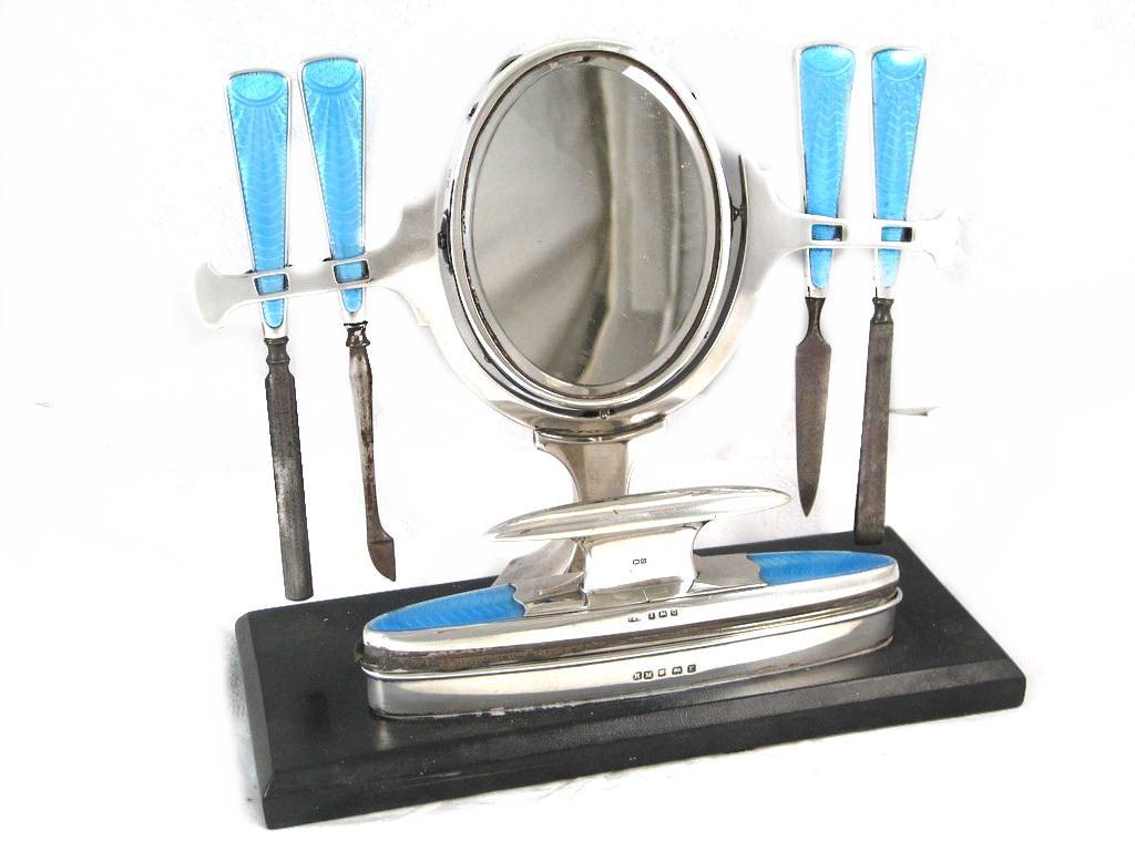 Art Deco English Sterling & Guilloche Enamel Vanity Dresser Set and Swivel Mirror