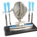 Art Deco English Sterling & Guilloche Enamel Vanity Dresser Set and Swivel Mirror