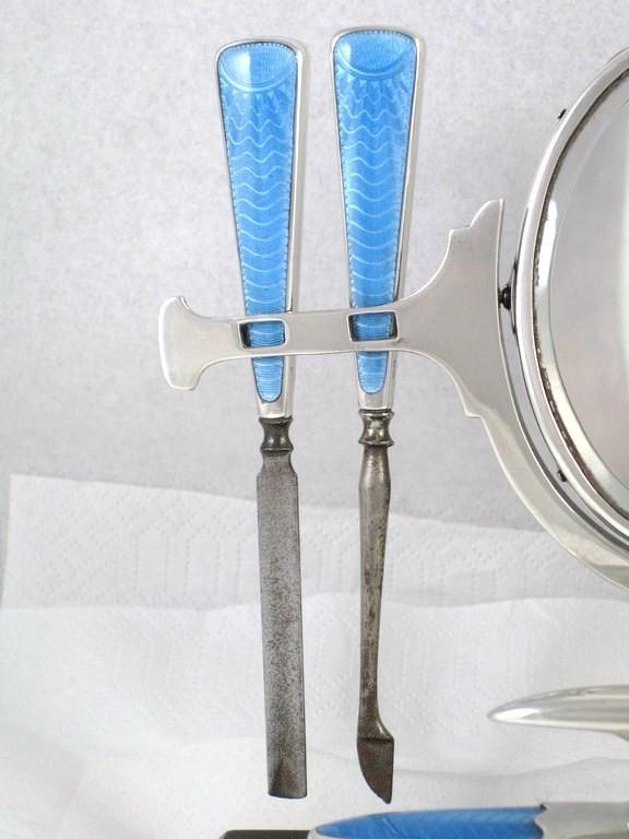 Art Deco English Sterling & Guilloche Enamel Vanity Dresser Set and Swivel Mirror