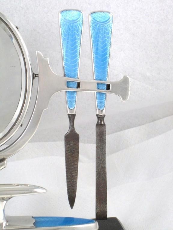 Art Deco English Sterling & Guilloche Enamel Vanity Dresser Set and Swivel Mirror