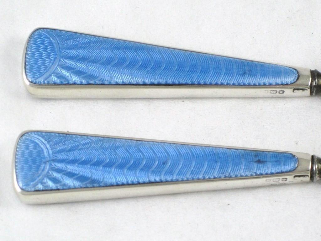 Art Deco English Sterling & Guilloche Enamel Vanity Dresser Set and Swivel Mirror