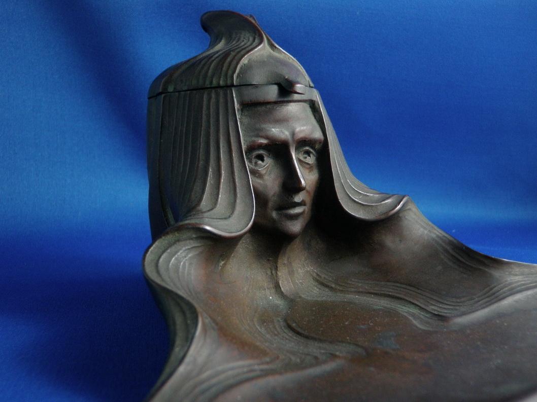 Jugendstill Vienna Bronze Women's Head Inkwell Pen Tray