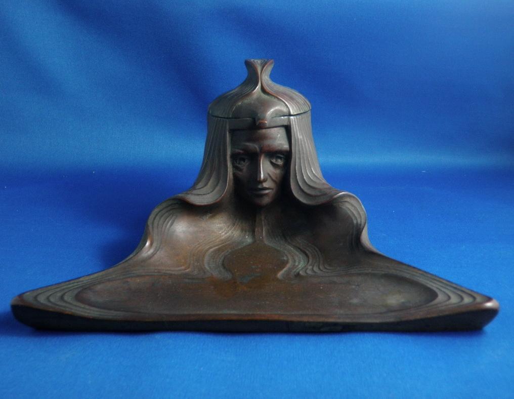 Jugendstill Vienna Bronze Women's Head Inkwell Pen Tray