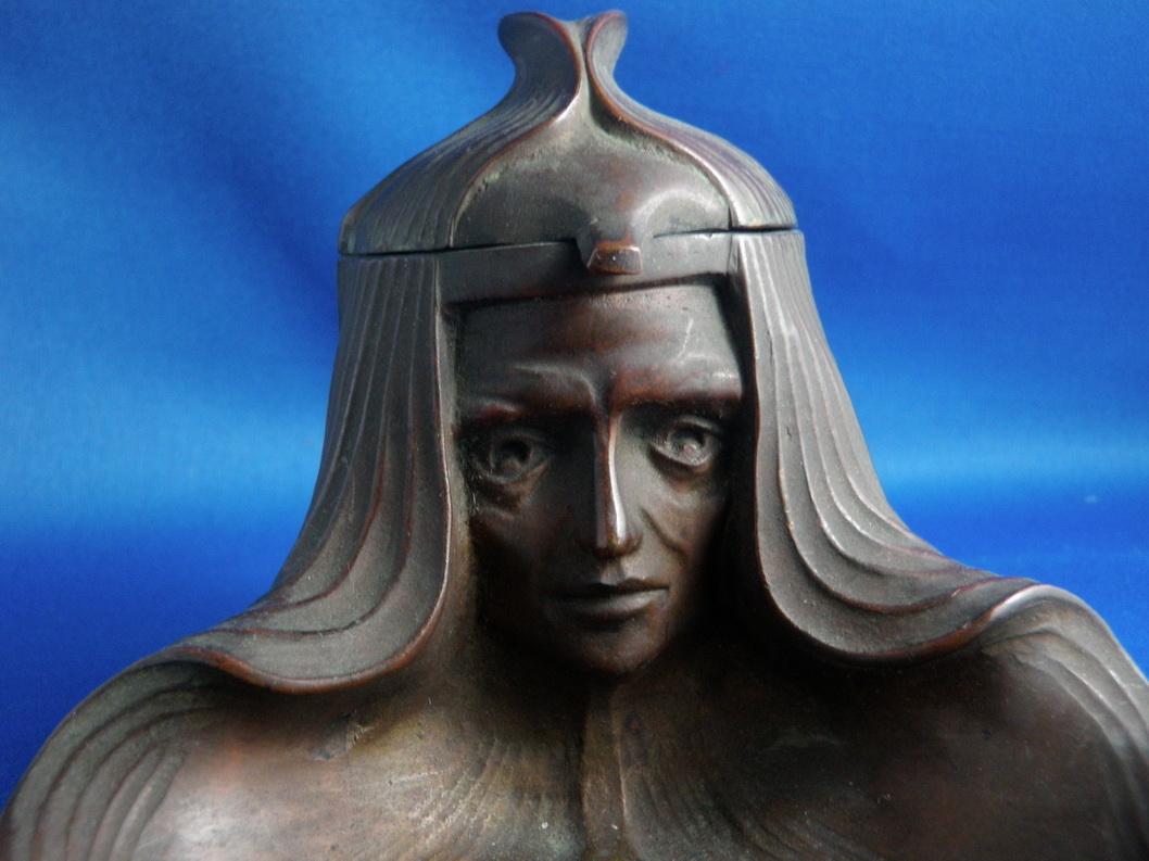 Jugendstill Vienna Bronze Women's Head Inkwell Pen Tray