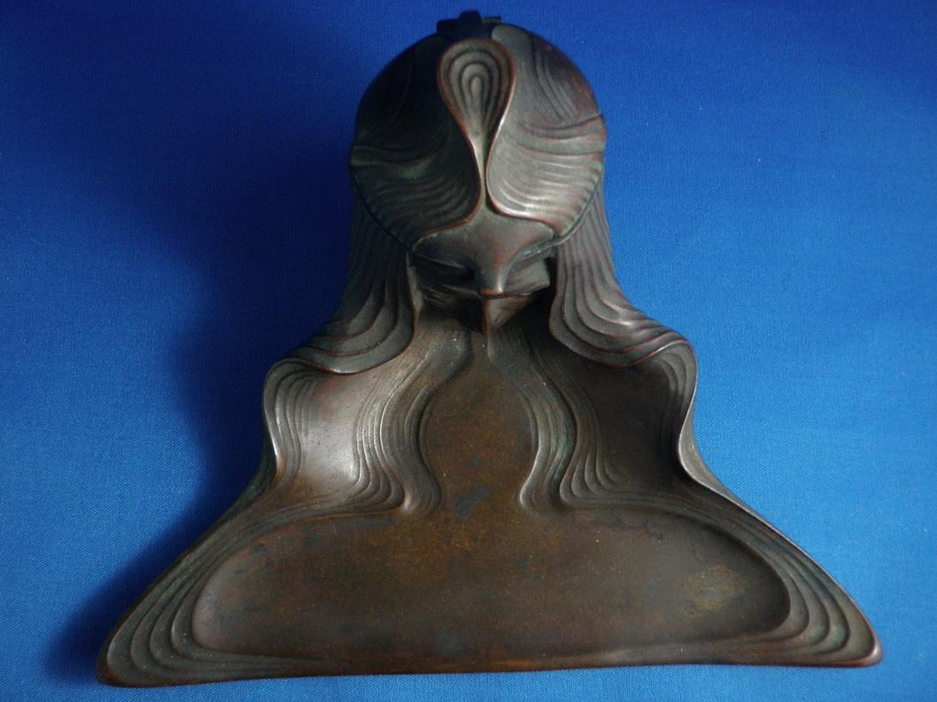 Jugendstill Vienna Bronze Women's Head Inkwell Pen Tray