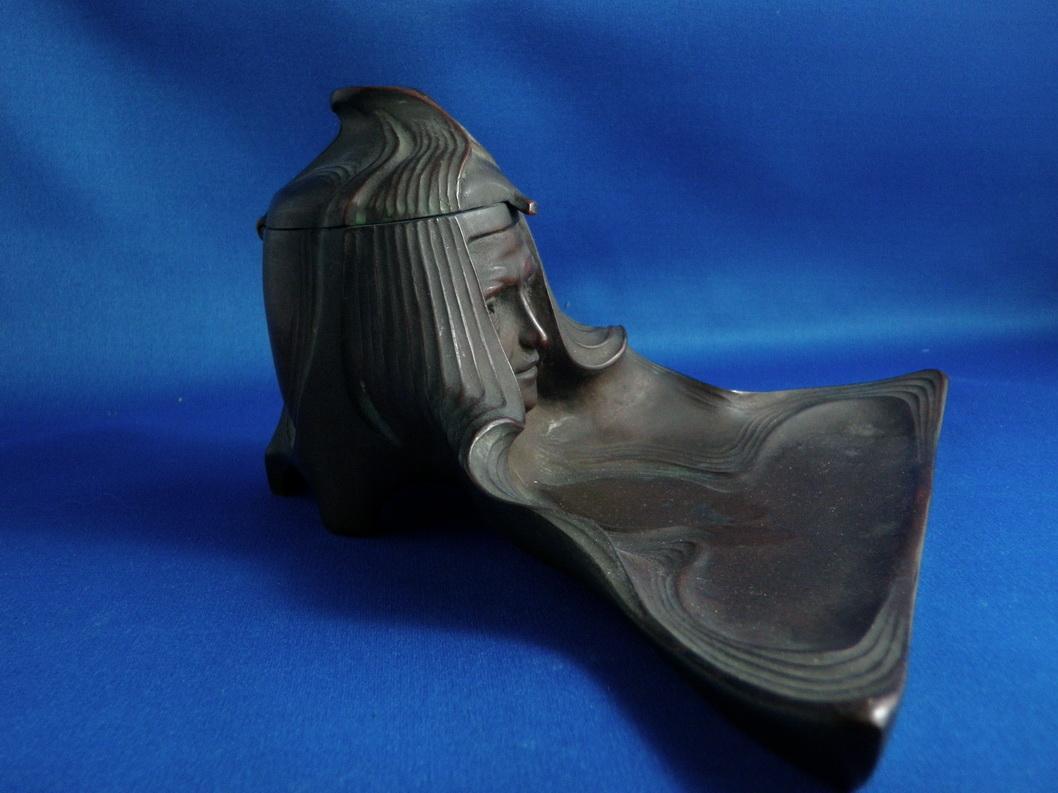 Jugendstill Vienna Bronze Women's Head Inkwell Pen Tray