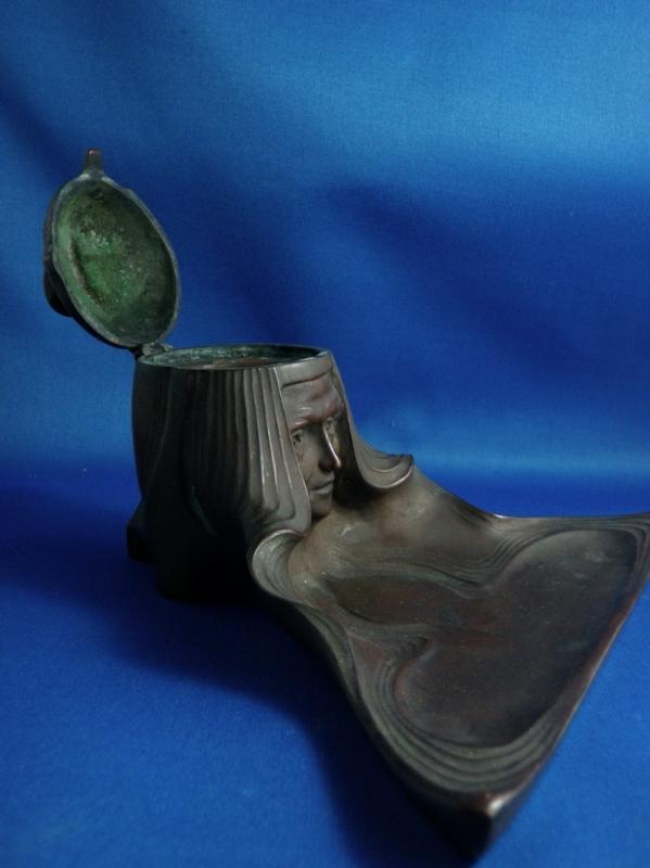 Jugendstill Vienna Bronze Women's Head Inkwell Pen Tray