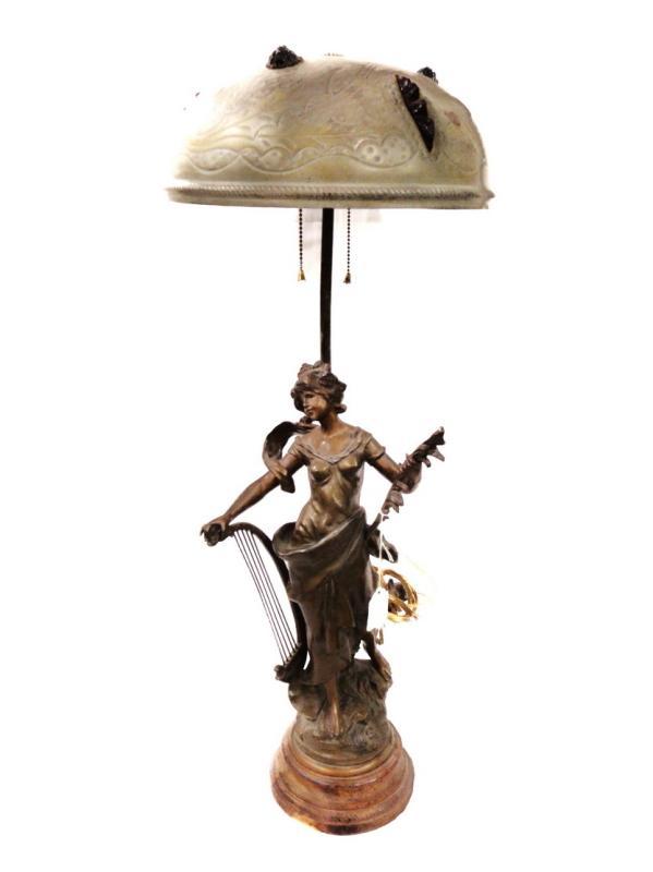 Art Nouveau Parlor Table Lamp Musician Lady Sculpture Hand Tooled Shade Glass Medallions