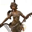 Art Nouveau Parlor Table Lamp Musician Lady Sculpture Hand Tooled Shade Glass Medallions