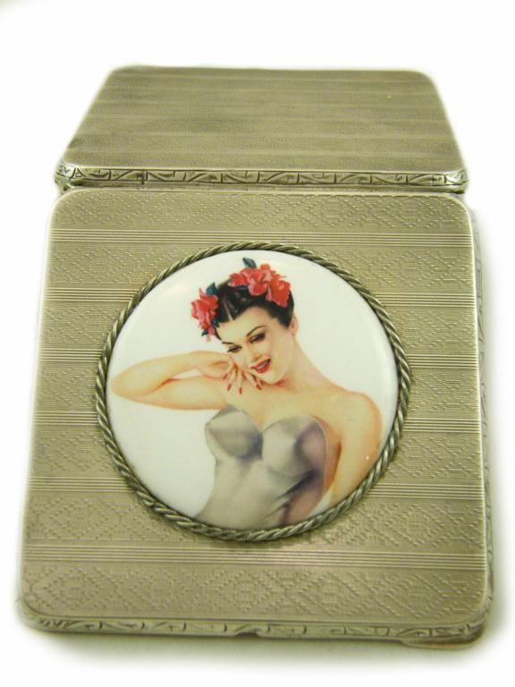 Art Deco Sterling Silver Vargas Girl Porcelain Cigarette Case Holder Halllmarked