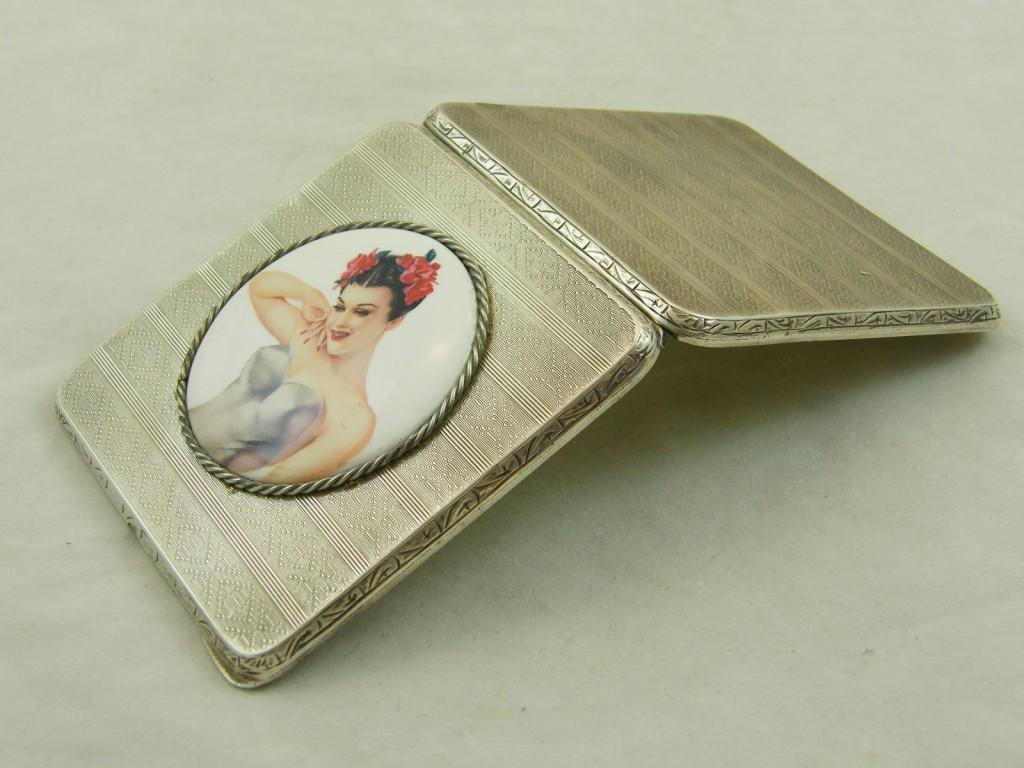 Art Deco Sterling Silver Vargas Girl Porcelain Cigarette Case Holder Halllmarked