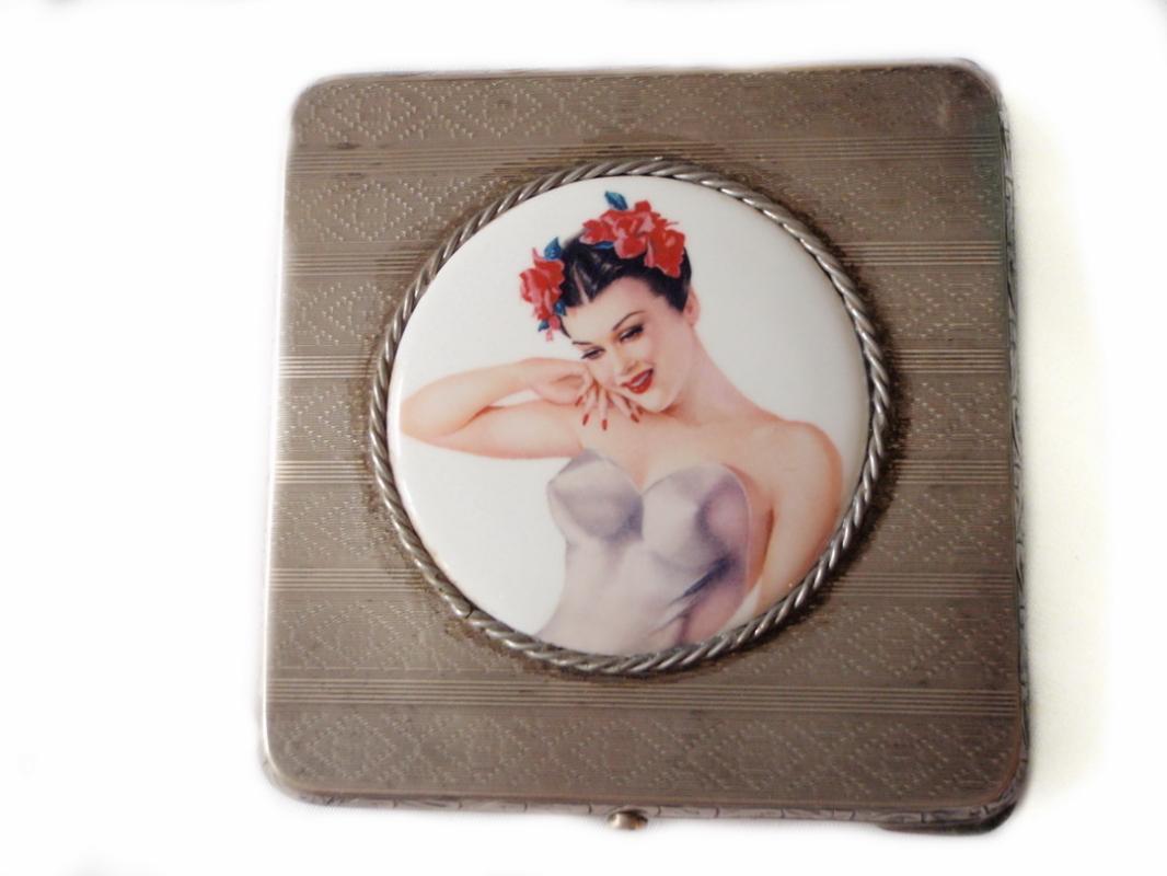 Art Deco Sterling Silver Vargas Girl Porcelain Cigarette Case Holder Halllmarked