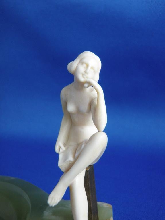 Art Deco Ivory Nude Flapper Lady on Onyx Base Ashtray Vanity Tray
