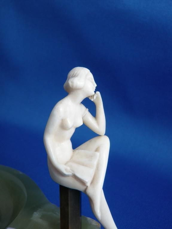 Art Deco Ivory Nude Flapper Lady on Onyx Base Ashtray Vanity Tray