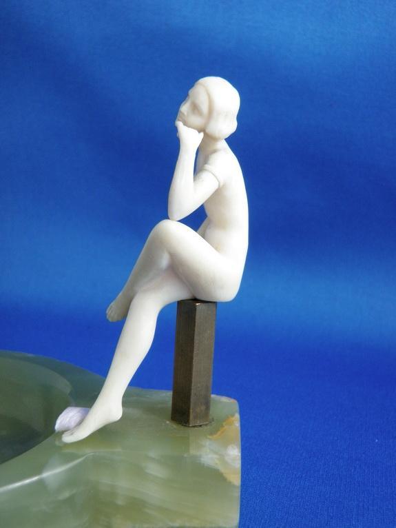 Art Deco Ivory Nude Flapper Lady on Onyx Base Ashtray Vanity Tray