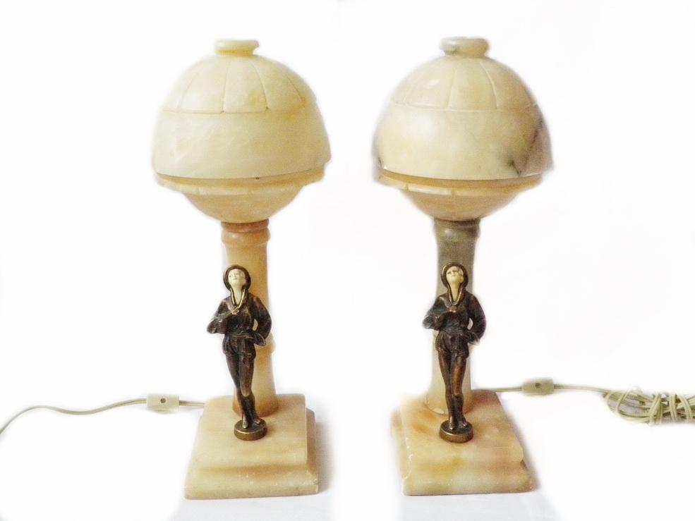 Two (2) Art Deco Nude Flapper Musician Lady Alabster, Metal Domed Shade