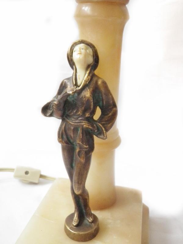 Two (2) Art Deco Nude Flapper Musician Lady Alabster, Metal Domed Shade