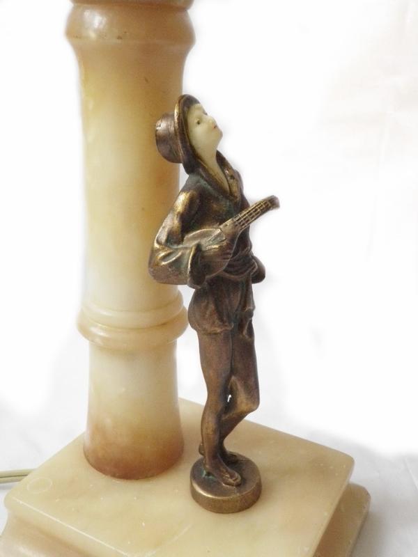 Two (2) Art Deco Nude Flapper Musician Lady Alabster, Metal Domed Shade