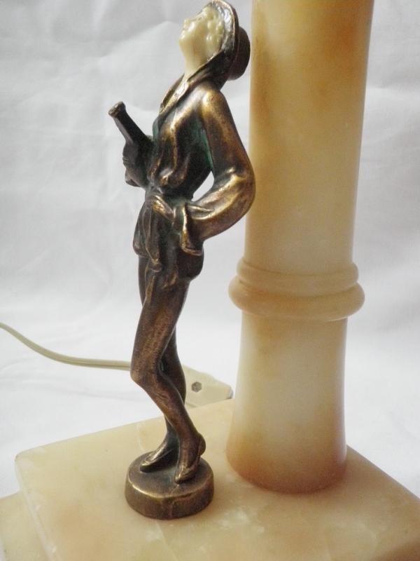 Two (2) Art Deco Nude Flapper Musician Lady Alabster, Metal Domed Shade