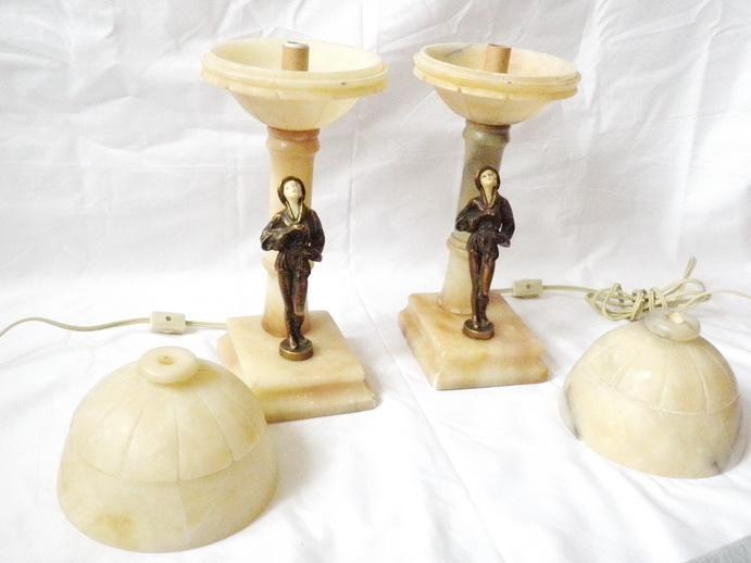 Two (2) Art Deco Nude Flapper Musician Lady Alabster, Metal Domed Shade