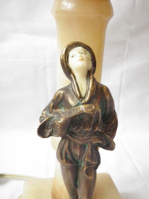 Two (2) Art Deco Nude Flapper Musician Lady Alabster, Metal Domed Shade