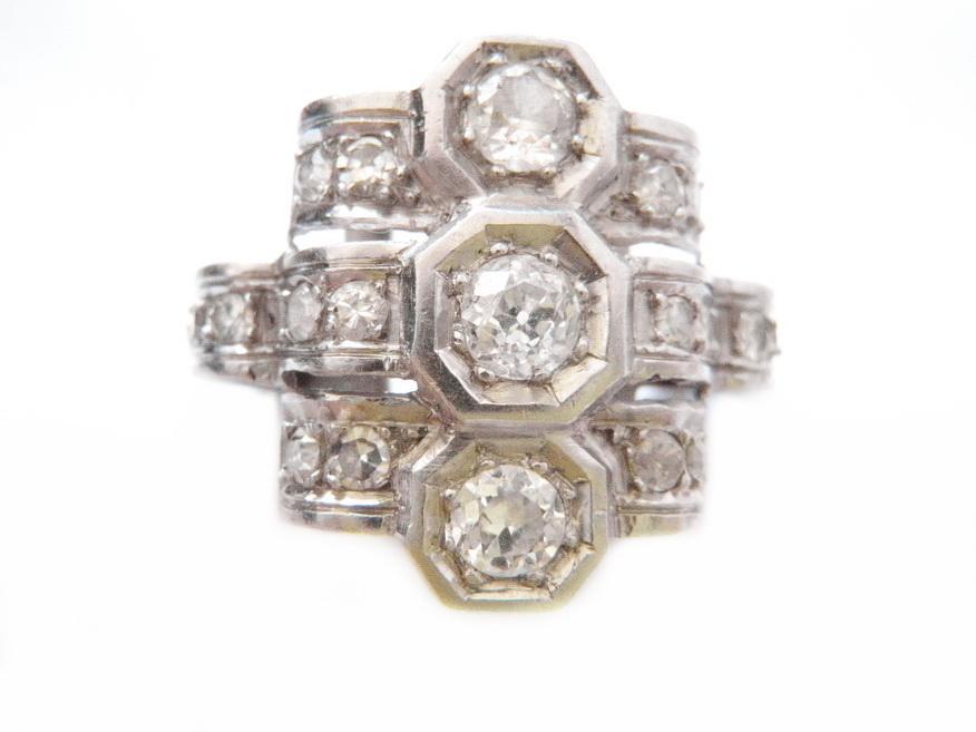 High Art Deco Custom Ring Platinum and Euro Cut Diamonds