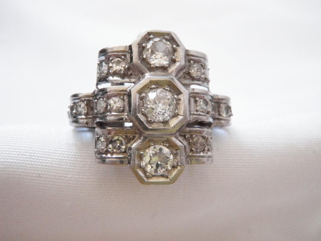 High Art Deco Custom Ring Platinum and Euro Cut Diamonds