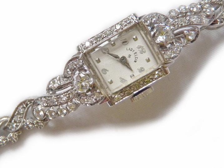 1950's Lord Elgin Ladies Watch 1.50 Carat Diamonds and White Gold
