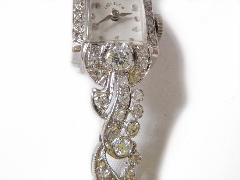 1950's Lord Elgin Ladies Watch 1.50 Carat Diamonds and White Gold