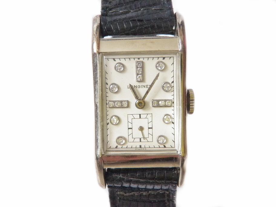 1940's Deco Longines Diamond, 14kt White Gold Watch Unisex Tank Style