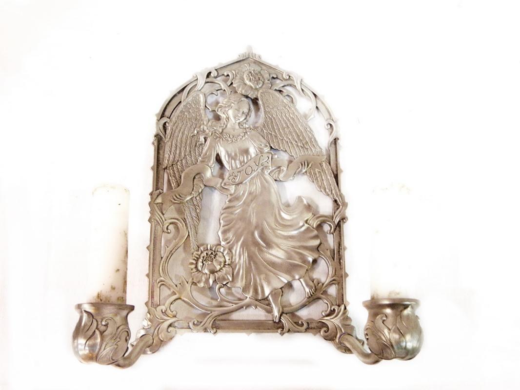1990's Seagull Liberty Pewter Angel 'Joy' Candelabra Double Candle Holder Lighting