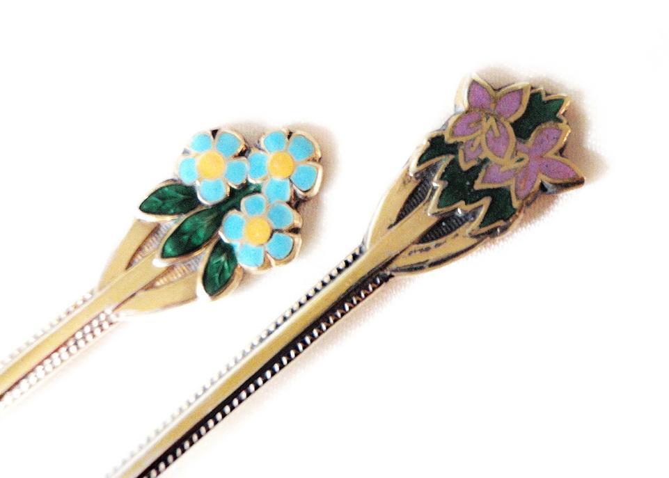 Set of 8 Birmingham Sterling Silver Enamel Demitasse Caviar Spoons Cased Turner & Simpson