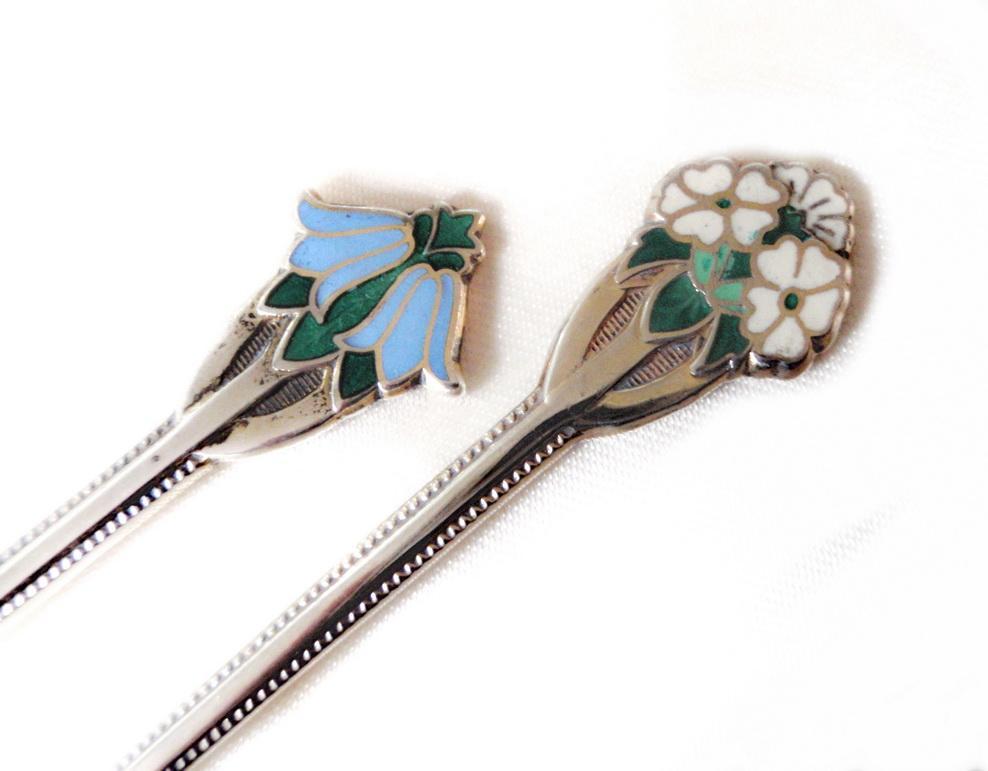 Set of 8 Birmingham Sterling Silver Enamel Demitasse Caviar Spoons Cased Turner & Simpson