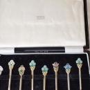 Set of 8 Birmingham Sterling Silver Enamel Demitasse Caviar Spoons Cased Turner & Simpson